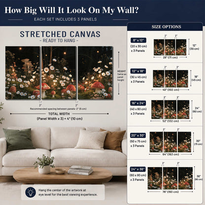 Red mushrooms and delicate white flowers glowing in a painted nighttime woodland scene 3 piece canvas wall art size guide above a sofa; room view is illustrative