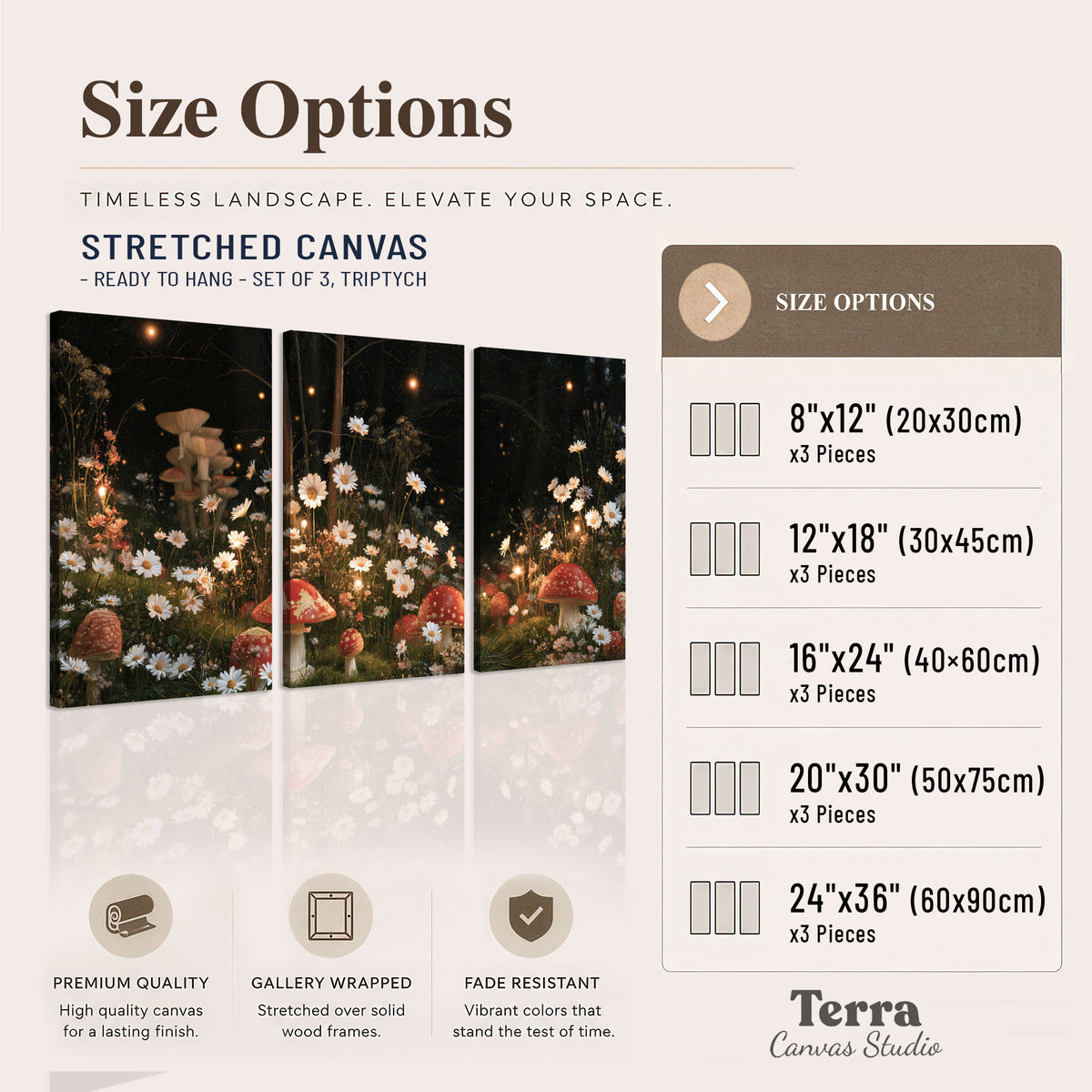 Red mushrooms and delicate white flowers glowing in a painted nighttime woodland scene 3 piece canvas wall art available dimensions; triptych dimensions are per panel