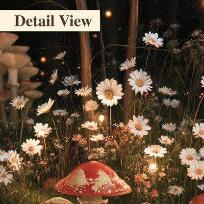 Red mushrooms and delicate white flowers glowing in a painted nighttime woodland scene 3 piece canvas wall art artwork detail close up