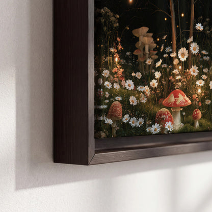 Red mushrooms and delicate white flowers glowing in a painted nighttime woodland scene 3 piece framed canvas wall art material and edge close up