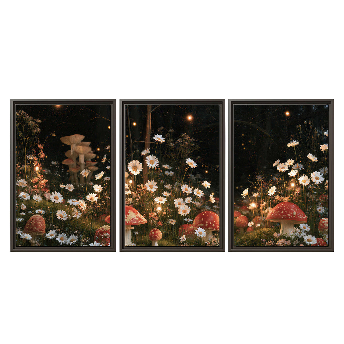 Red mushrooms and delicate white flowers glowing in a painted nighttime woodland scene 3 piece framed canvas wall art viewed straight on