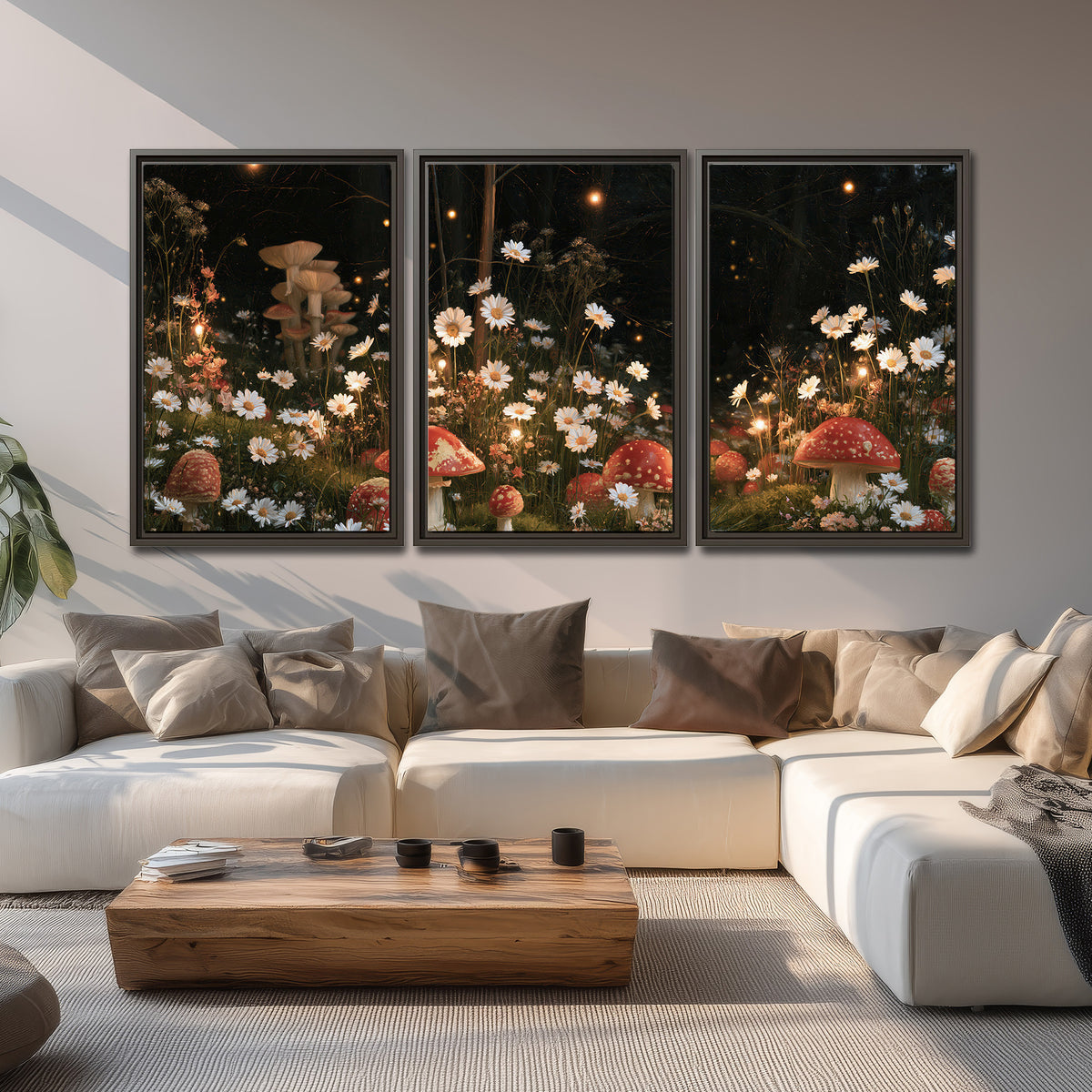 Red mushrooms and delicate white flowers glowing in a painted nighttime woodland scene 3 piece framed canvas wall art displayed in a living room