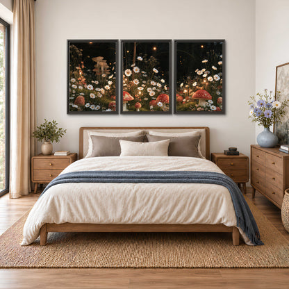 Red mushrooms and delicate white flowers glowing in a painted nighttime woodland scene 3 piece framed canvas wall art styled in an interior