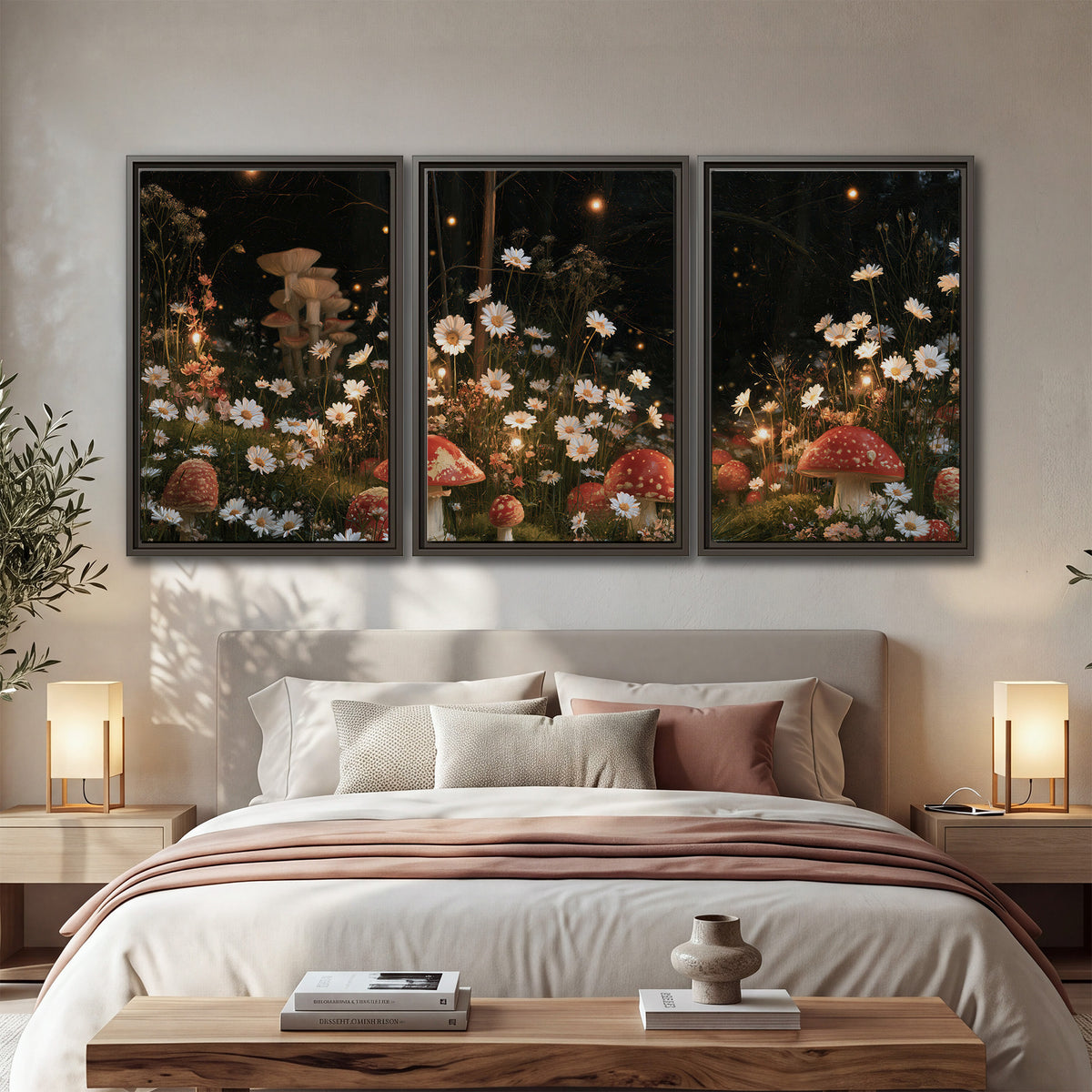 Red mushrooms and delicate white flowers glowing in a painted nighttime woodland scene 3 piece framed canvas wall art displayed in a bedroom