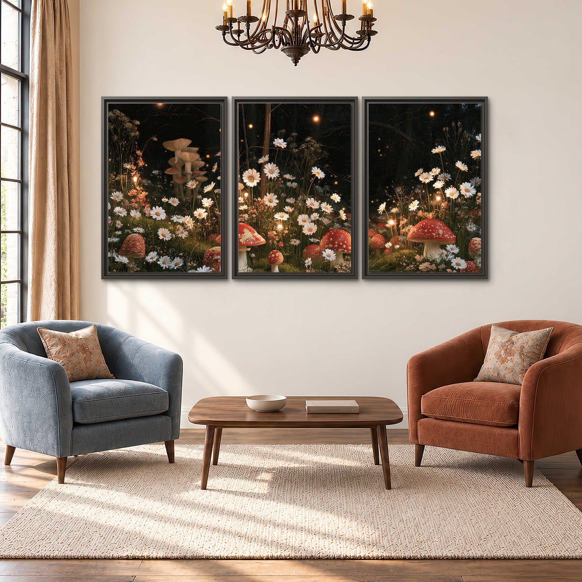 Red mushrooms and delicate white flowers glowing in a painted nighttime woodland scene 3 piece framed canvas wall art styled in an interior