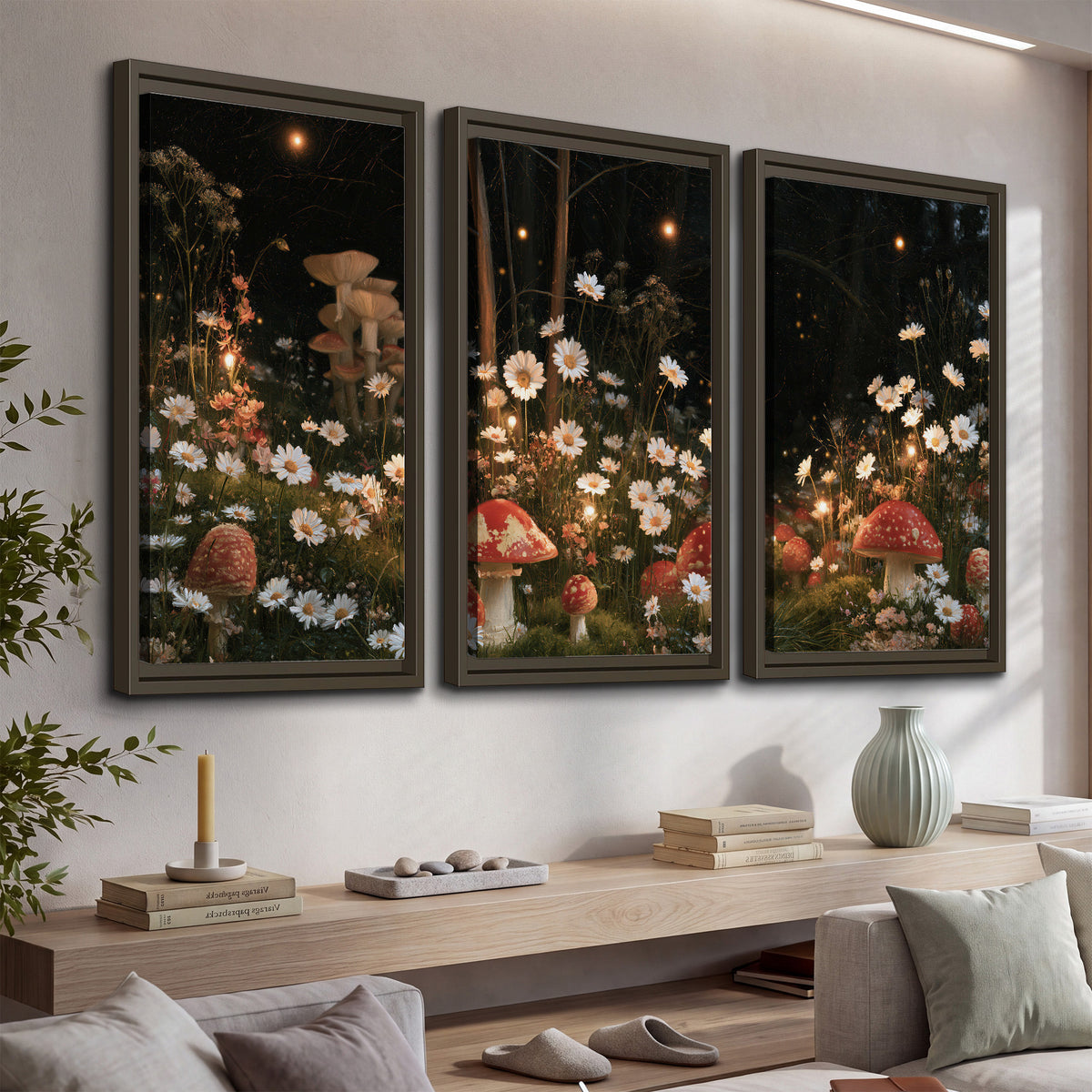 Red mushrooms and delicate white flowers glowing in a painted nighttime woodland scene 3 piece framed canvas wall art displayed in a console