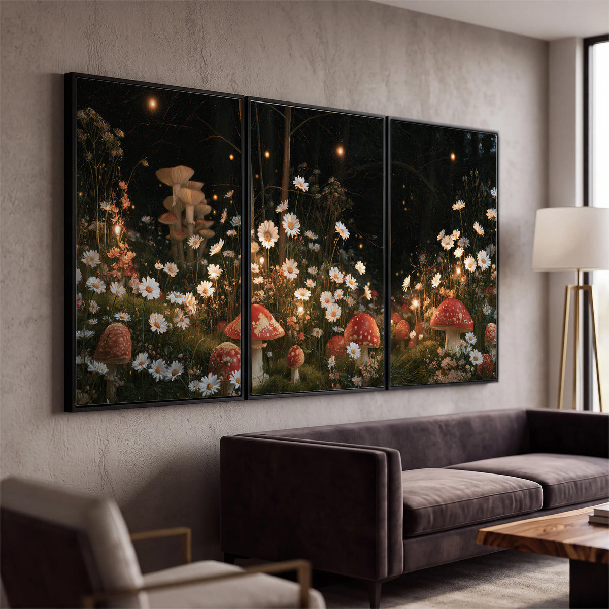 Red mushrooms and delicate white flowers glowing in a painted nighttime woodland scene 3 piece framed canvas wall art displayed in a modern living room