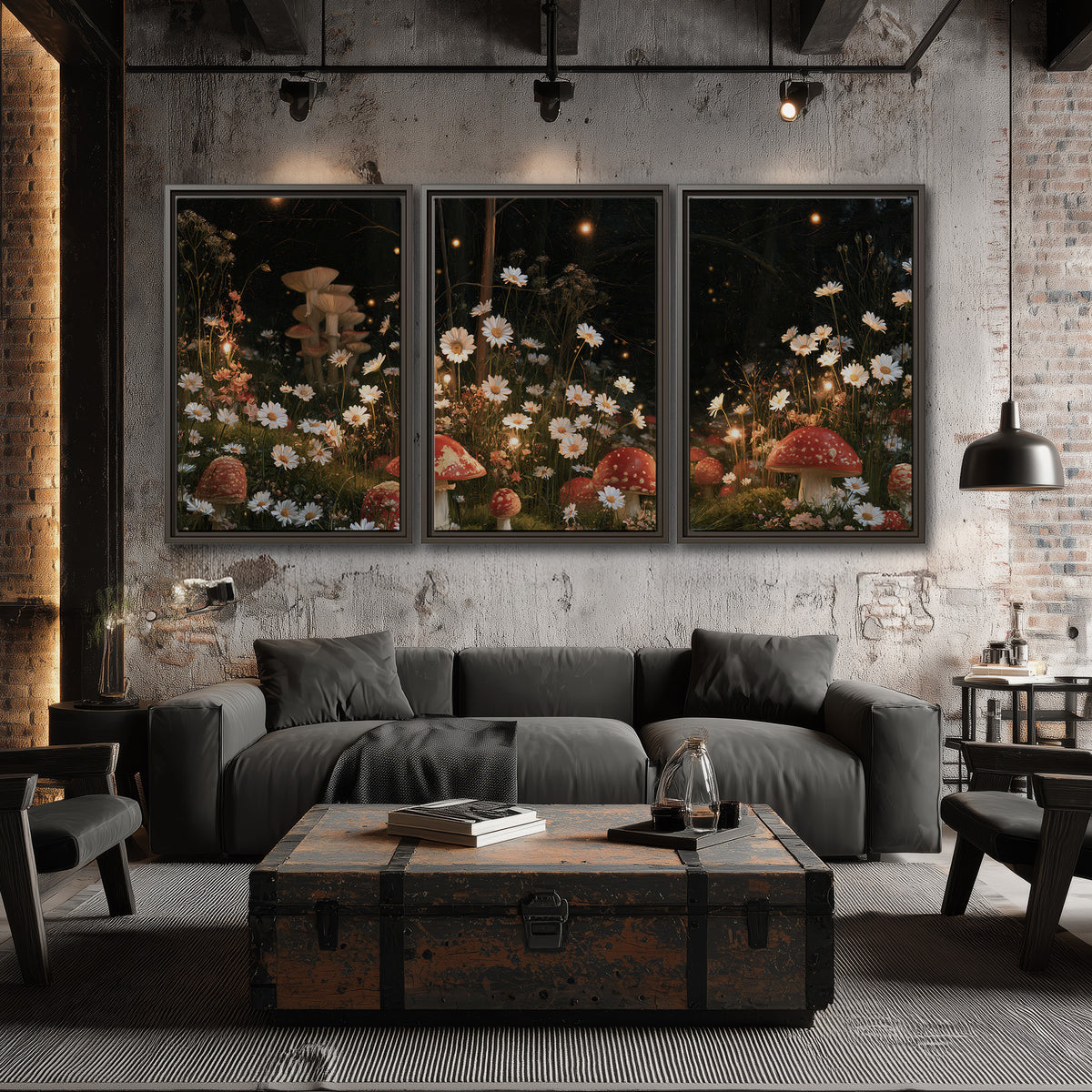 Red mushrooms and delicate white flowers glowing in a painted nighttime woodland scene 3 piece framed canvas wall art displayed in a industrial room