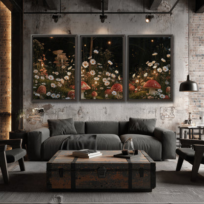 Red mushrooms and delicate white flowers glowing in a painted nighttime woodland scene 3 piece framed canvas wall art displayed in a industrial room