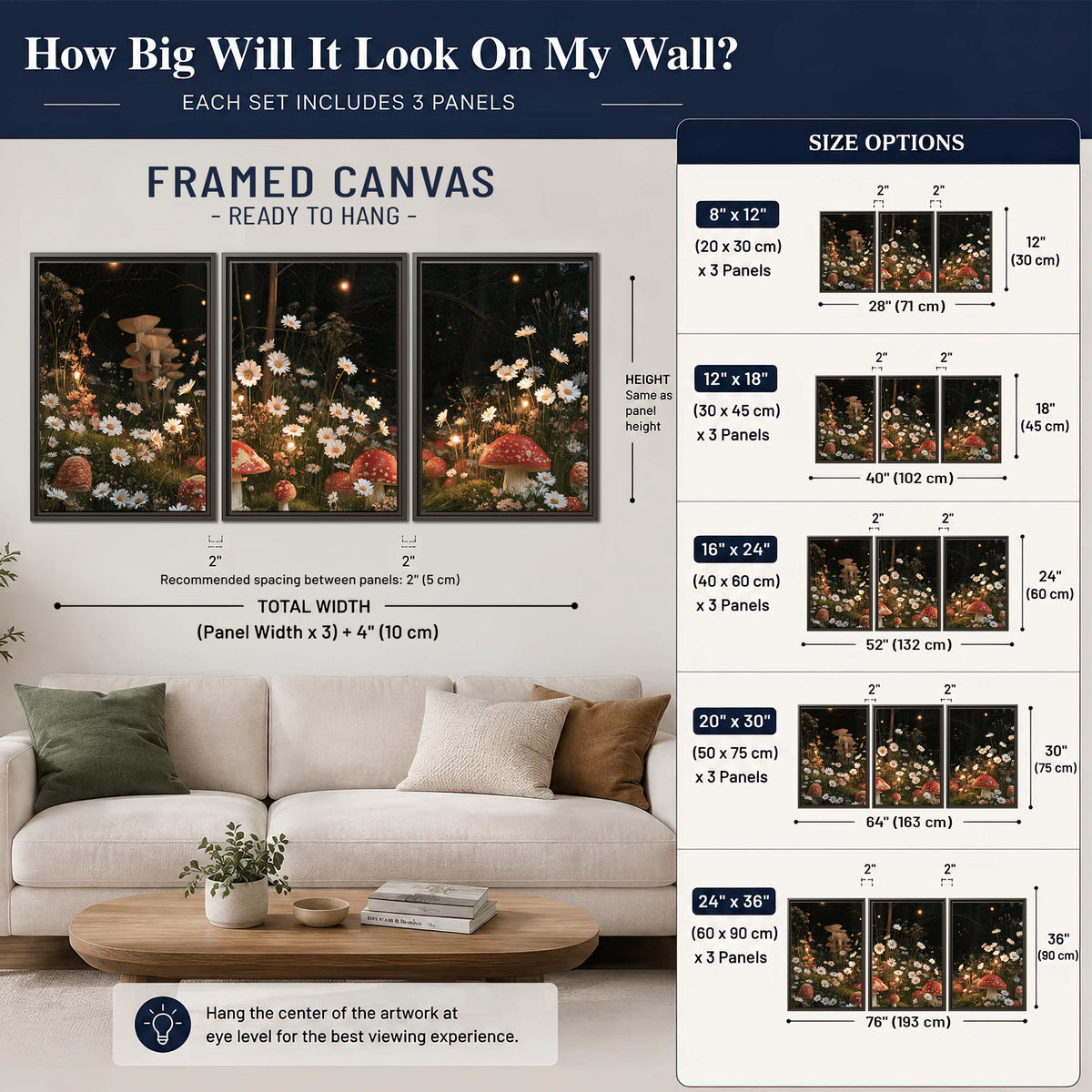 Red mushrooms and delicate white flowers glowing in a painted nighttime woodland scene 3 piece framed canvas wall art size guide above a sofa; room view is illustrative