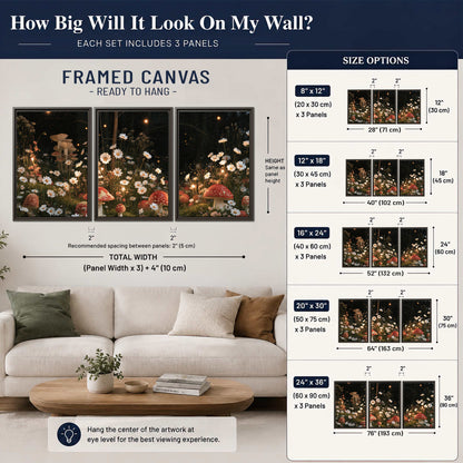 Red mushrooms and delicate white flowers glowing in a painted nighttime woodland scene 3 piece framed canvas wall art size guide above a sofa; room view is illustrative