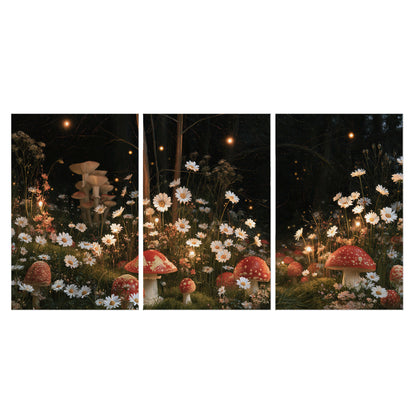 Red mushrooms and delicate white flowers glowing in a painted nighttime woodland scene set of 3 poster prints viewed straight on