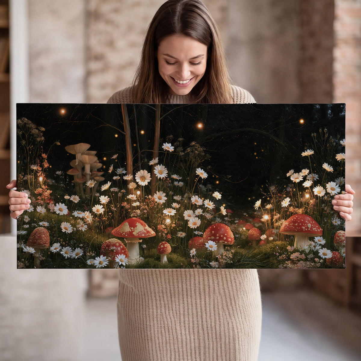 Red mushrooms and delicate white flowers glowing in a painted nighttime woodland scene single canvas wall art held in hands