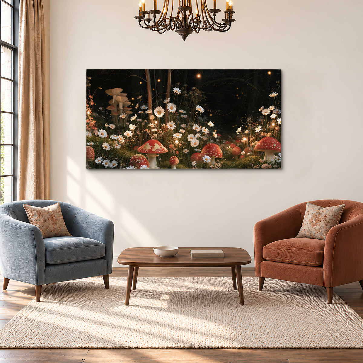 Red mushrooms and delicate white flowers glowing in a painted nighttime woodland scene single canvas wall art styled in an interior