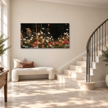 Red mushrooms and delicate white flowers glowing in a painted nighttime woodland scene single canvas wall art styled in an interior