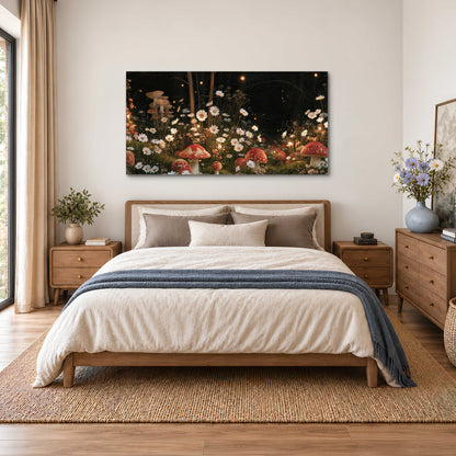 Red mushrooms and delicate white flowers glowing in a painted nighttime woodland scene single canvas wall art styled in an interior