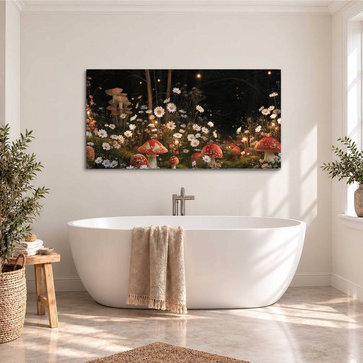 Red mushrooms and delicate white flowers glowing in a painted nighttime woodland scene single canvas wall art styled in an interior