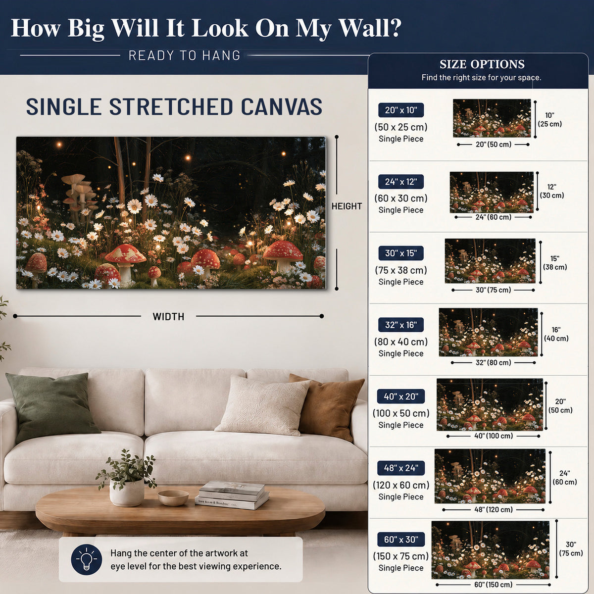 Red mushrooms and delicate white flowers glowing in a painted nighttime woodland scene single canvas wall art size guide above a sofa; room view is illustrative