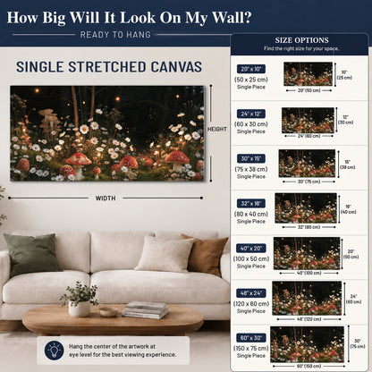 Red mushrooms and delicate white flowers glowing in a painted nighttime woodland scene single canvas wall art size guide above a sofa; room view is illustrative