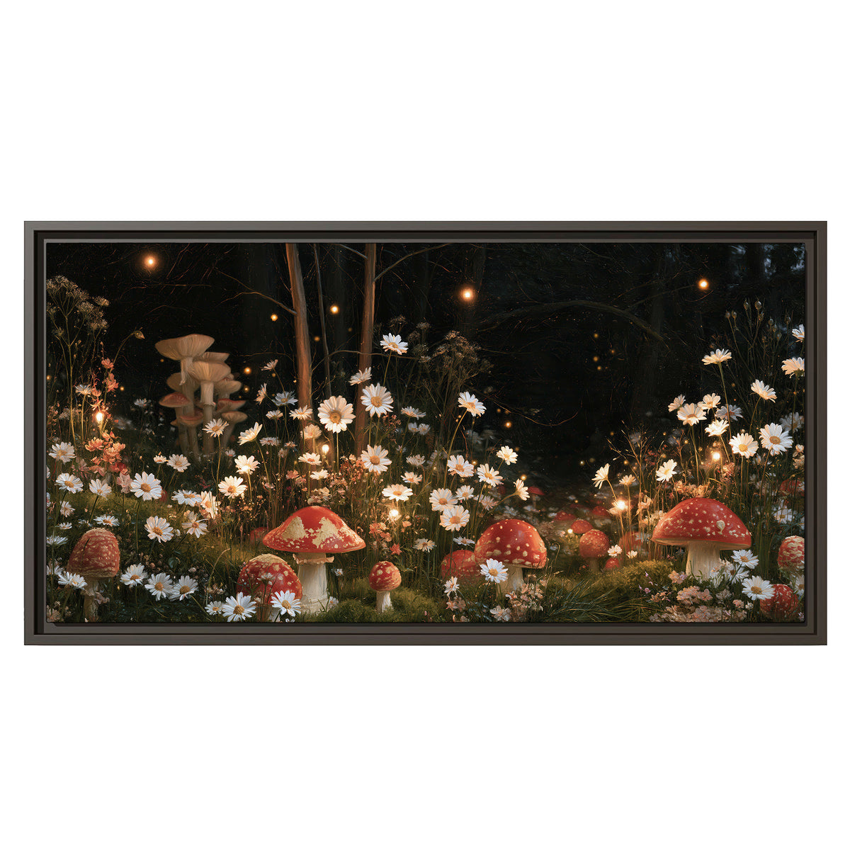 Red mushrooms and delicate white flowers glowing in a painted nighttime woodland scene single framed canvas wall art viewed straight on