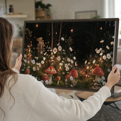 Red mushrooms and delicate white flowers glowing in a painted nighttime woodland scene single framed canvas wall art held in hands