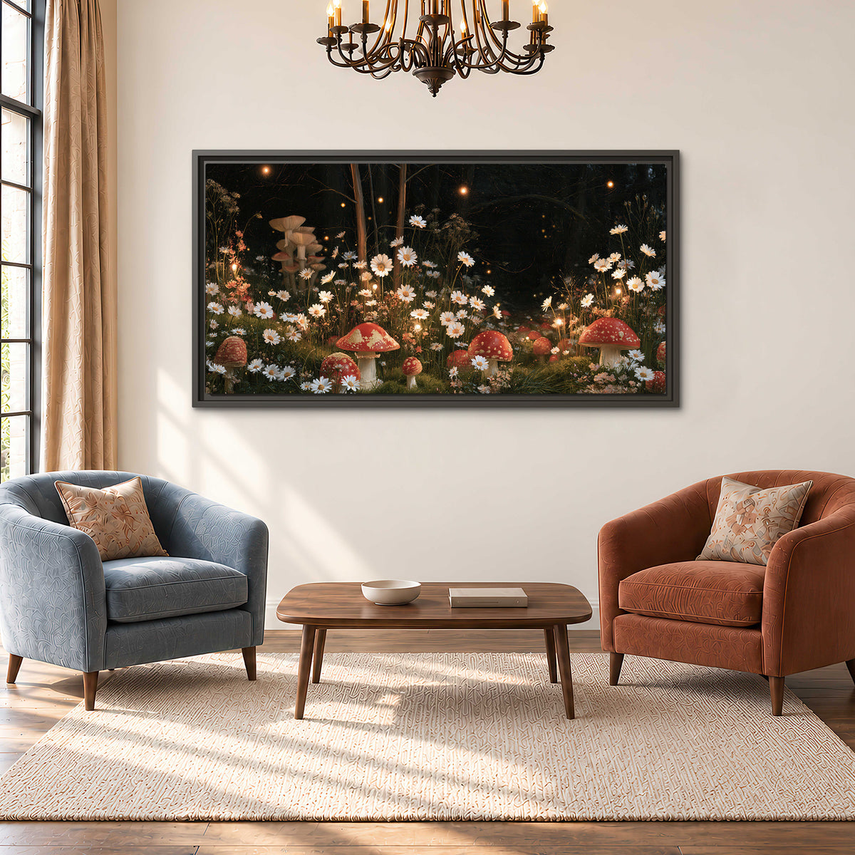 Red mushrooms and delicate white flowers glowing in a painted nighttime woodland scene single framed canvas wall art styled in an interior