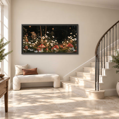 Red mushrooms and delicate white flowers glowing in a painted nighttime woodland scene single framed canvas wall art styled in an interior