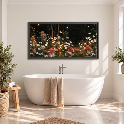 Red mushrooms and delicate white flowers glowing in a painted nighttime woodland scene single framed canvas wall art styled in an interior