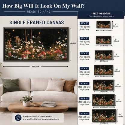 Red mushrooms and delicate white flowers glowing in a painted nighttime woodland scene single framed canvas wall art size guide above a sofa; room view is illustrative