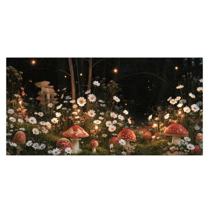 Red mushrooms and delicate white flowers glowing in a painted nighttime woodland scene single poster print viewed straight on