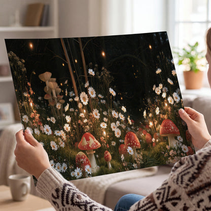 Red mushrooms and delicate white flowers glowing in a painted nighttime woodland scene single poster print held in hands
