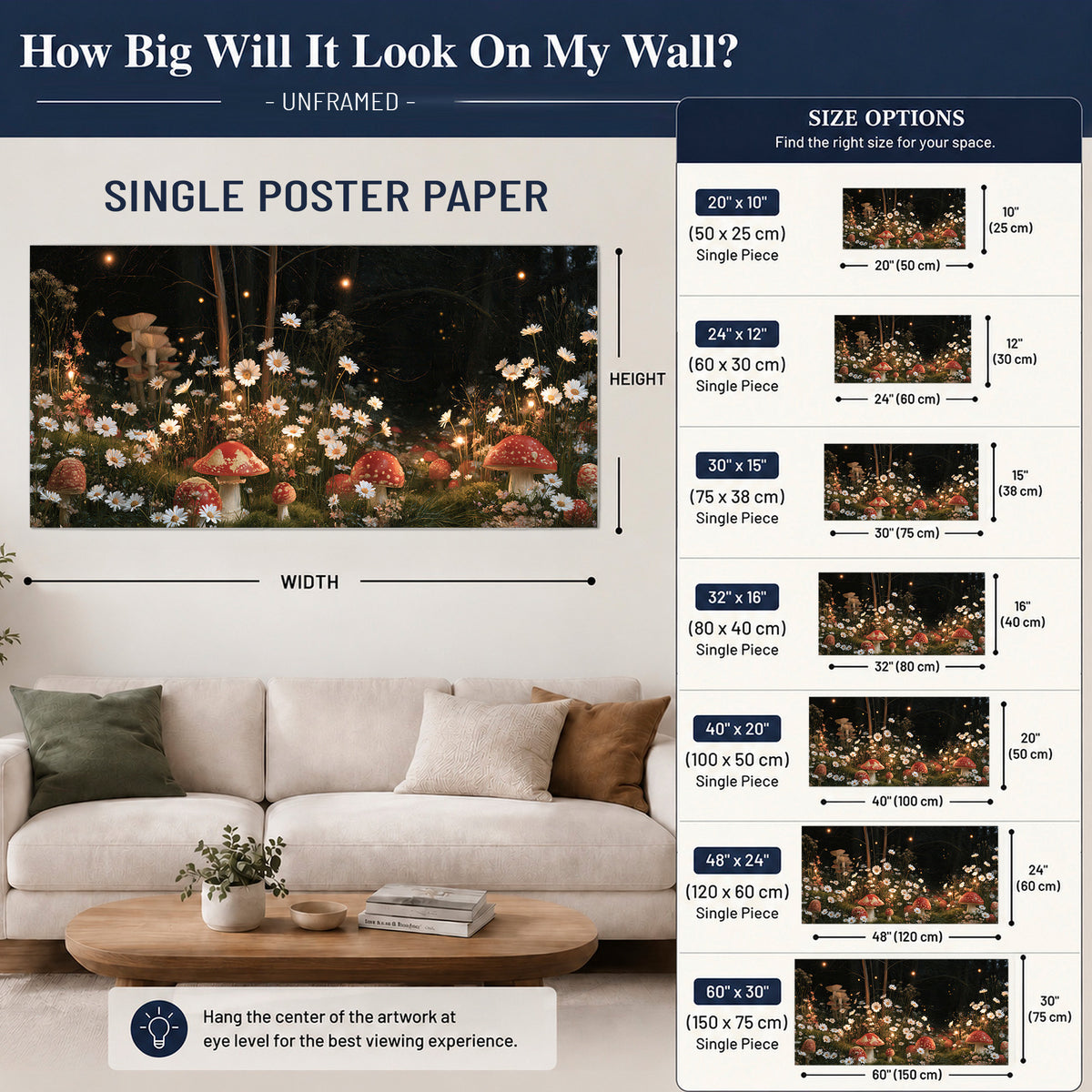 Red mushrooms and delicate white flowers glowing in a painted nighttime woodland scene single poster print size guide above a sofa; room view is illustrative