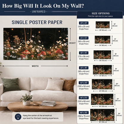 Red mushrooms and delicate white flowers glowing in a painted nighttime woodland scene single poster print size guide above a sofa; room view is illustrative