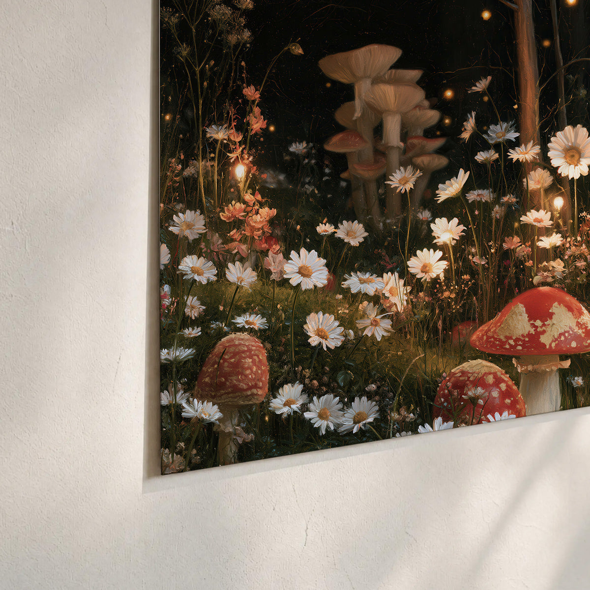 Red mushrooms and delicate white flowers glowing in a painted nighttime woodland scene set of 3 poster prints material and edge close up