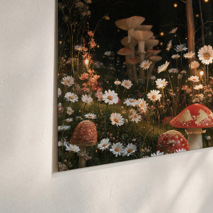 Red mushrooms and delicate white flowers glowing in a painted nighttime woodland scene set of 3 poster prints material and edge close up