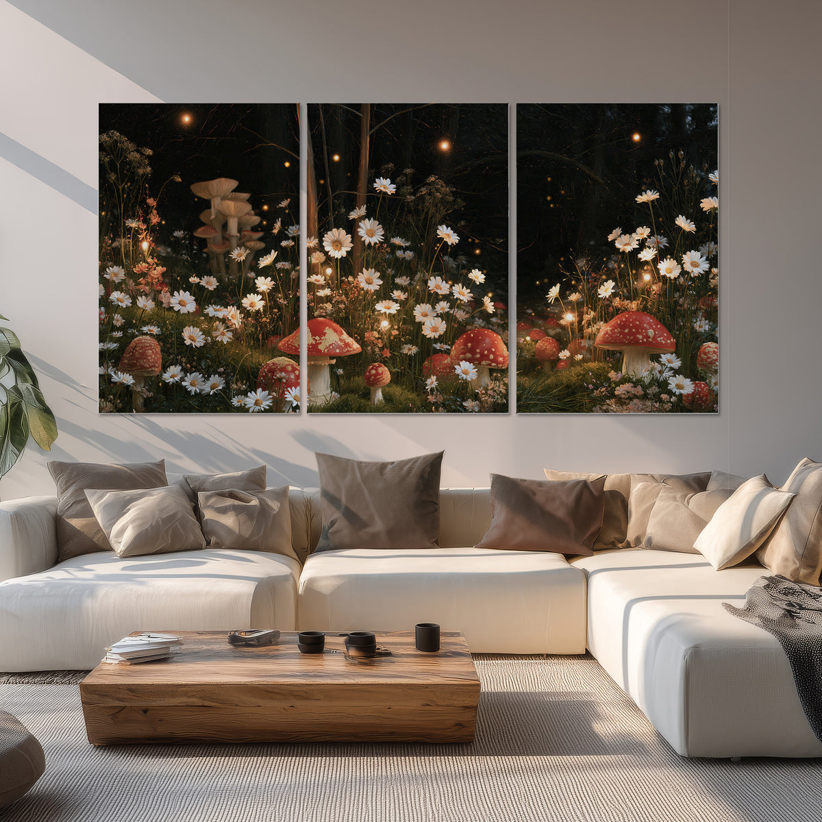Red mushrooms and delicate white flowers glowing in a painted nighttime woodland scene set of 3 poster prints displayed in a living room