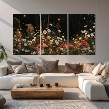 Red mushrooms and delicate white flowers glowing in a painted nighttime woodland scene set of 3 poster prints displayed in a living room