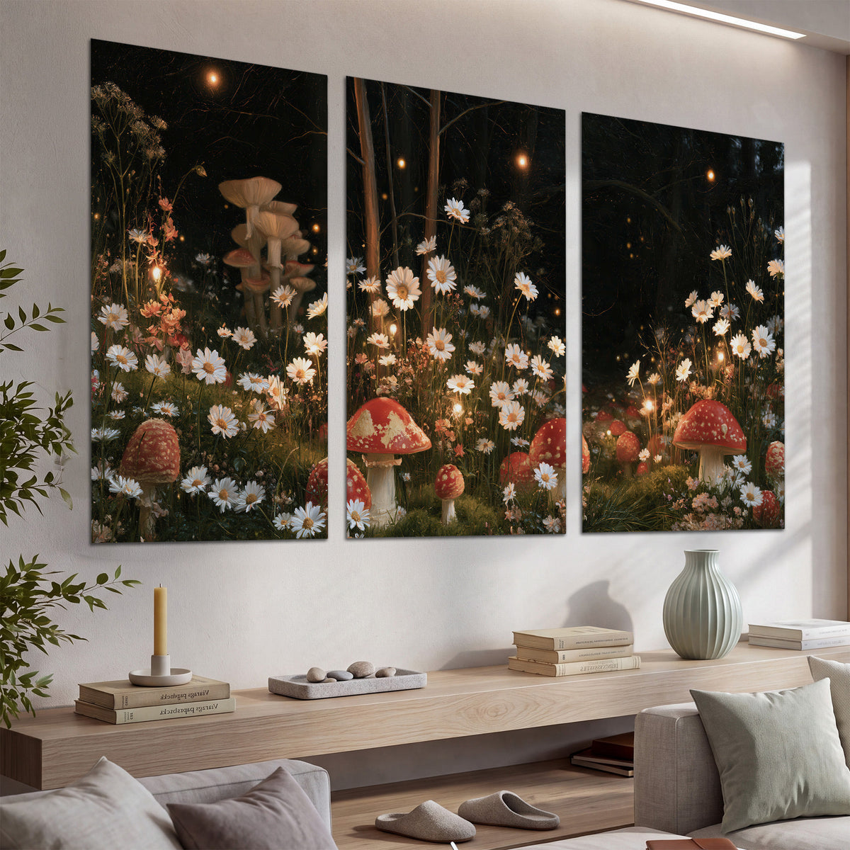 Red mushrooms and delicate white flowers glowing in a painted nighttime woodland scene set of 3 poster prints displayed in a console
