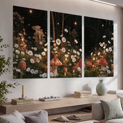 Red mushrooms and delicate white flowers glowing in a painted nighttime woodland scene set of 3 poster prints displayed in a console