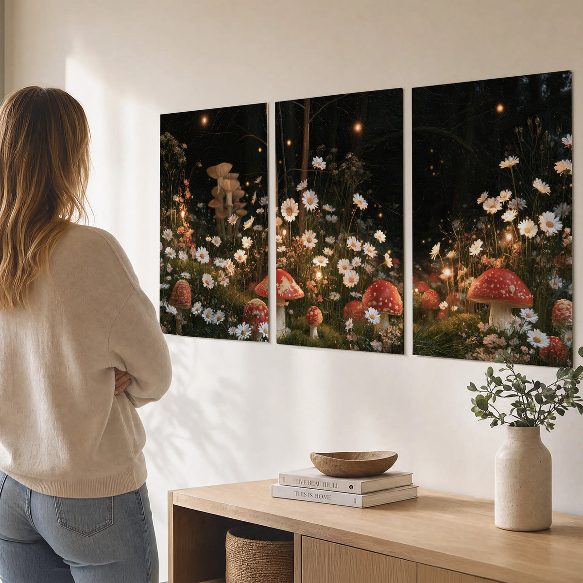 Red mushrooms and delicate white flowers glowing in a painted nighttime woodland scene set of 3 poster prints three panel arrangement on a wall