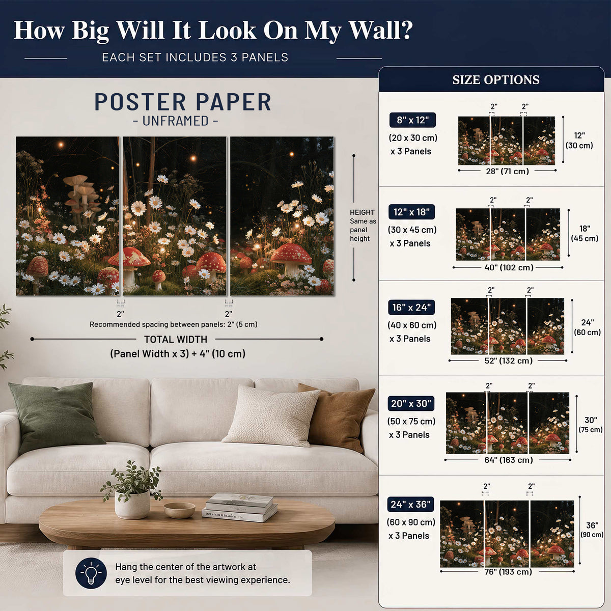 Red mushrooms and delicate white flowers glowing in a painted nighttime woodland scene set of 3 poster prints size guide above a sofa; room view is illustrative