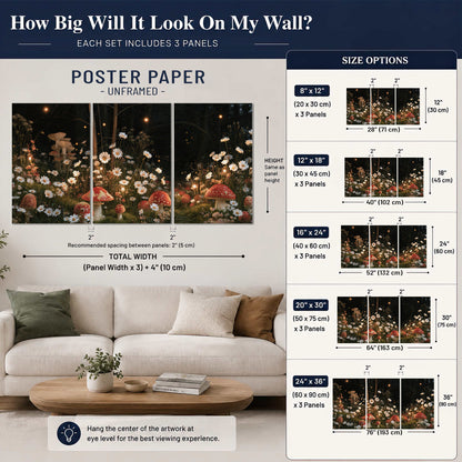 Red mushrooms and delicate white flowers glowing in a painted nighttime woodland scene set of 3 poster prints size guide above a sofa; room view is illustrative