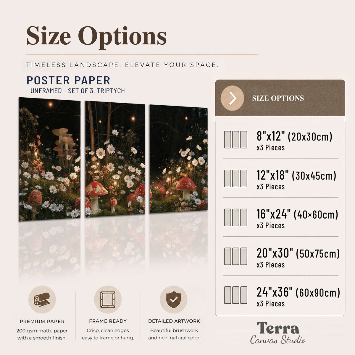 Red mushrooms and delicate white flowers glowing in a painted nighttime woodland scene set of 3 poster prints available dimensions; triptych dimensions are per panel