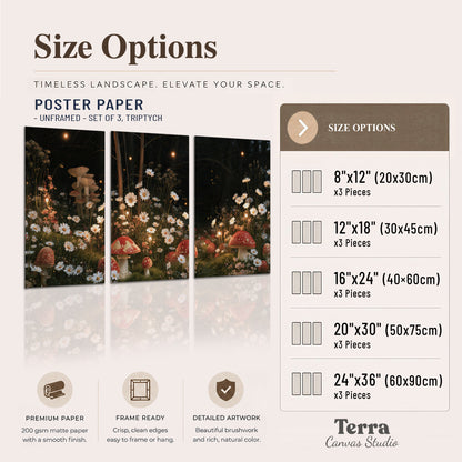 Red mushrooms and delicate white flowers glowing in a painted nighttime woodland scene set of 3 poster prints available dimensions; triptych dimensions are per panel