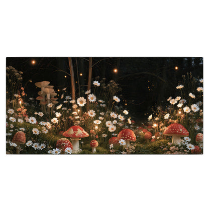 Red mushrooms and delicate white flowers glowing in a painted nighttime woodland scene single canvas wall art viewed straight on