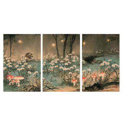 A wide meadow of white daisies and small red mushrooms beneath dark woodland trees 3 piece canvas wall art viewed straight on