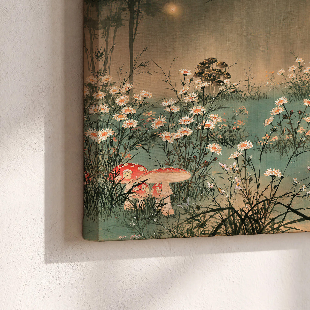 A wide meadow of white daisies and small red mushrooms beneath dark woodland trees 3 piece canvas wall art material and edge close up
