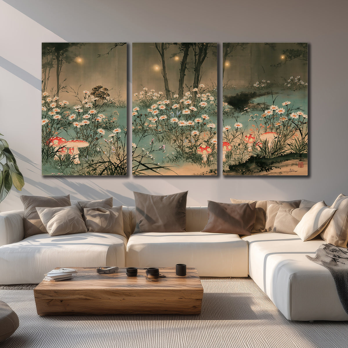 A wide meadow of white daisies and small red mushrooms beneath dark woodland trees 3 piece canvas wall art displayed in a living room