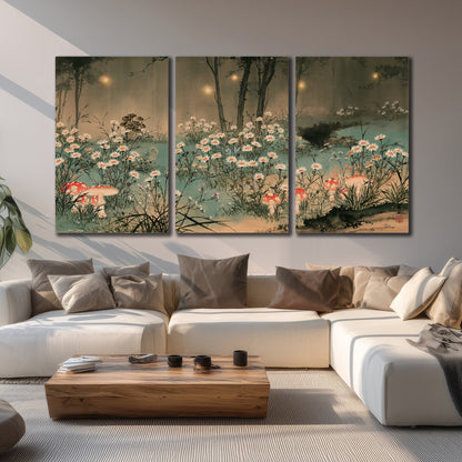 A wide meadow of white daisies and small red mushrooms beneath dark woodland trees 3 piece canvas wall art displayed in a living room