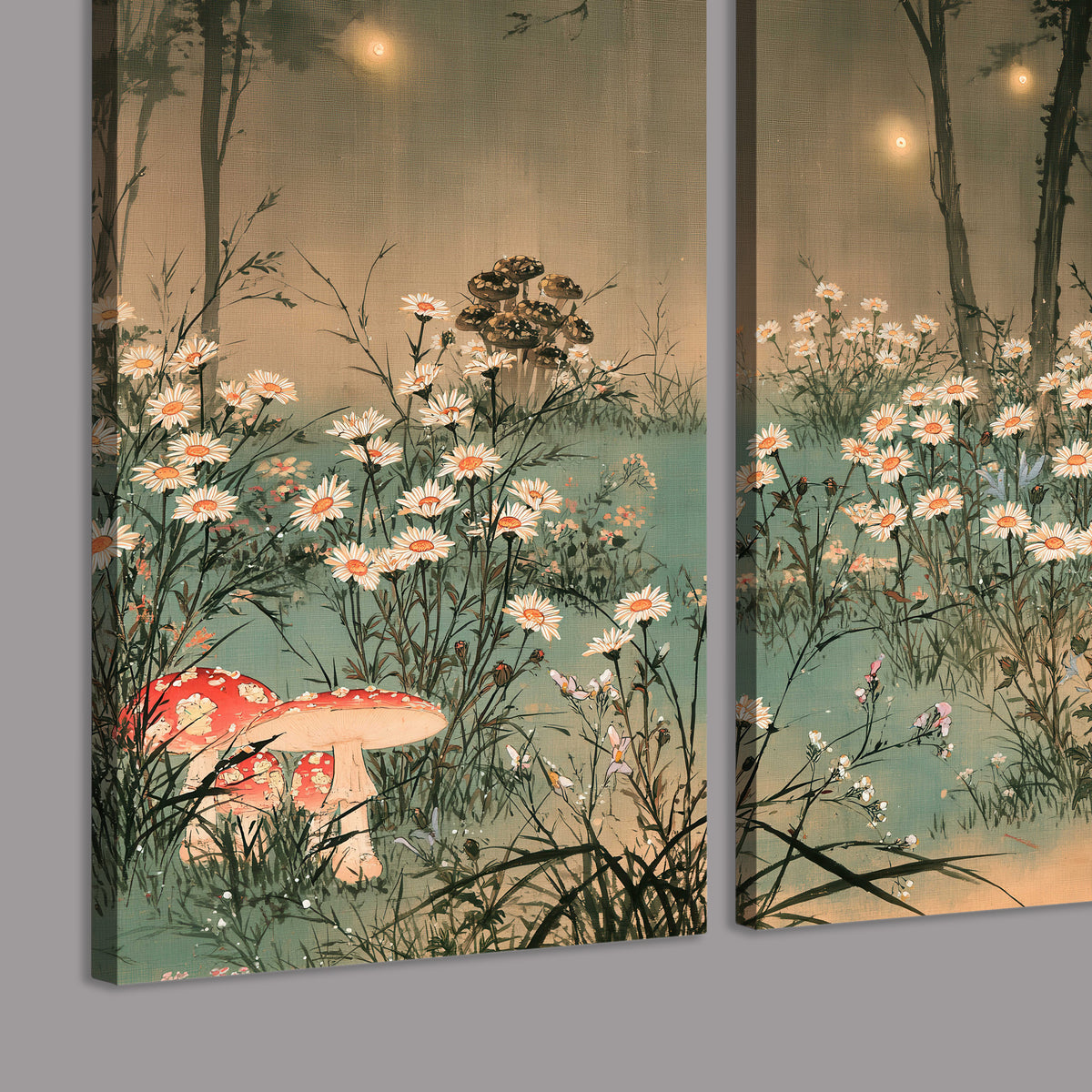 A wide meadow of white daisies and small red mushrooms beneath dark woodland trees 3 piece canvas wall art room and product view